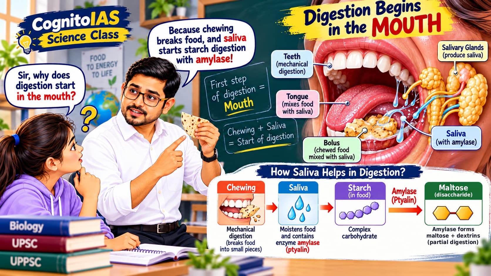 Mouth salivary glands and beginning of starch digestion by salivary amylase