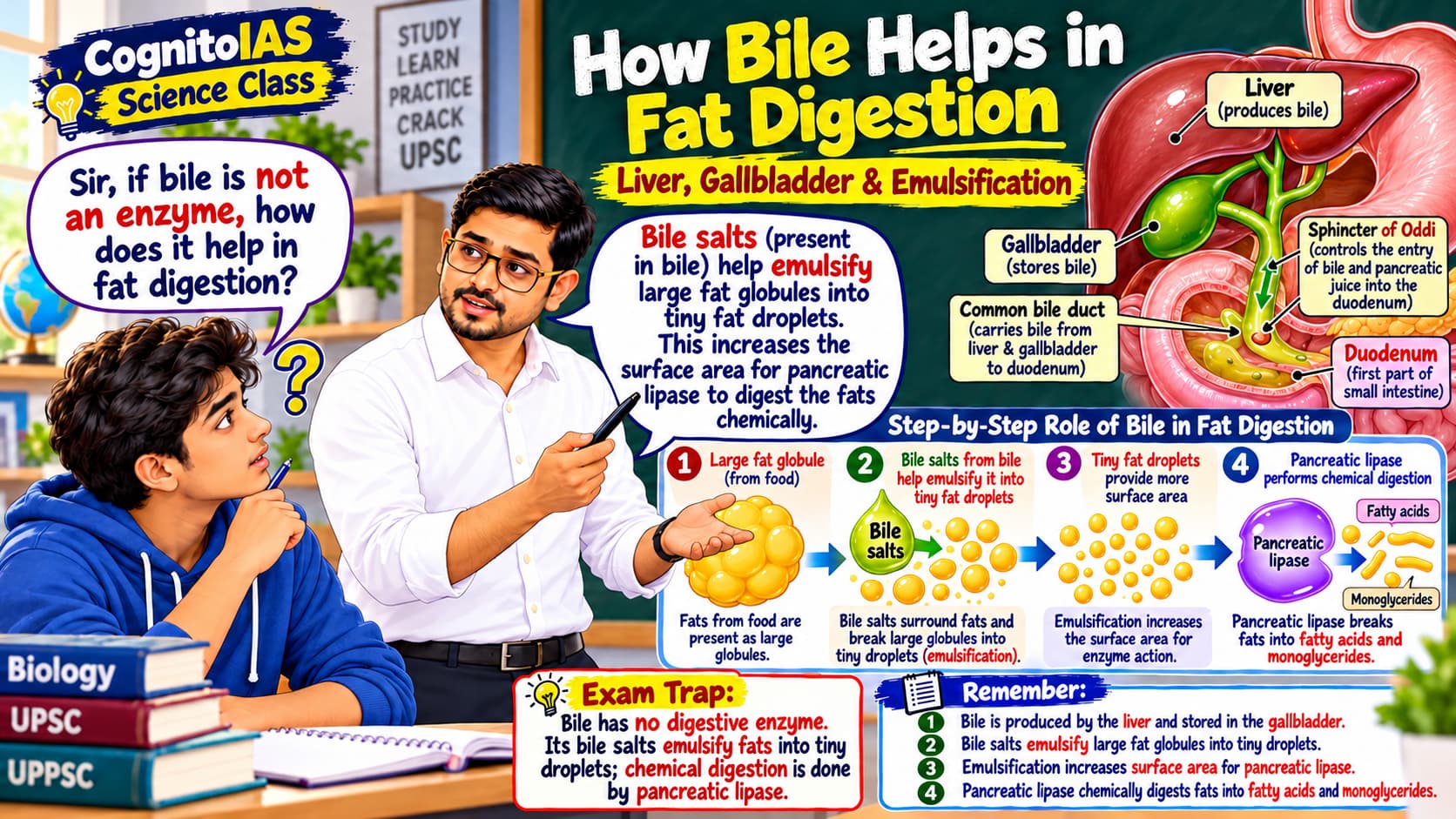 Liver gallbladder bile salts and emulsification of dietary fat in the duodenum