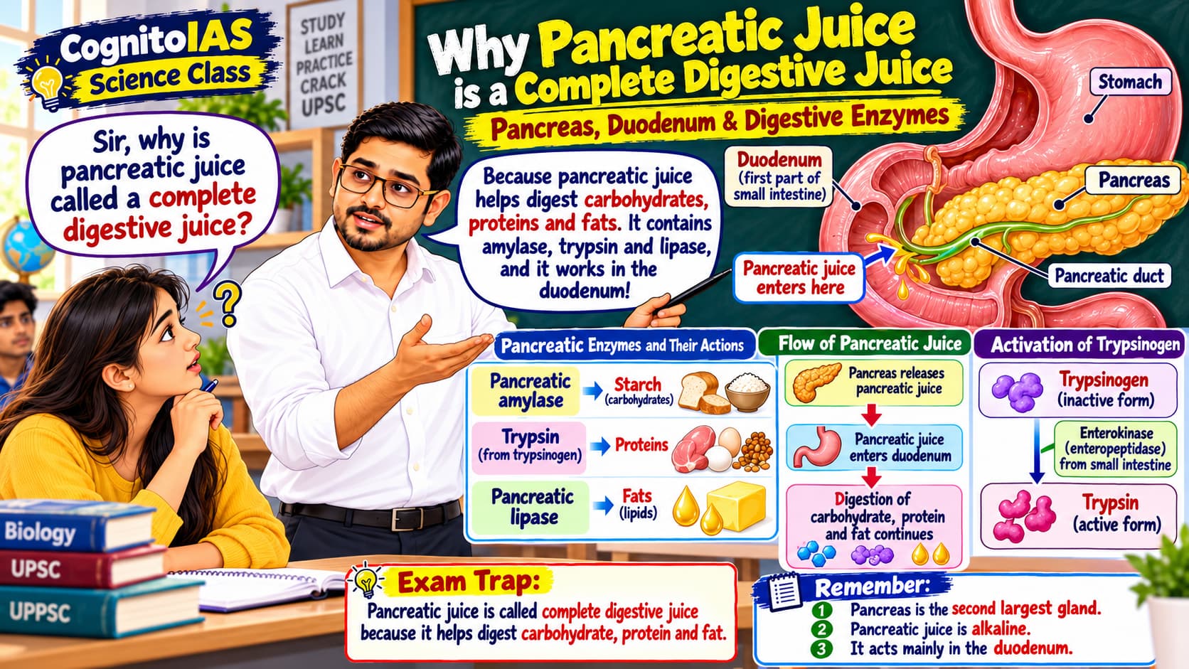 Pancreas and pancreatic juice digestive enzymes entering the duodenum