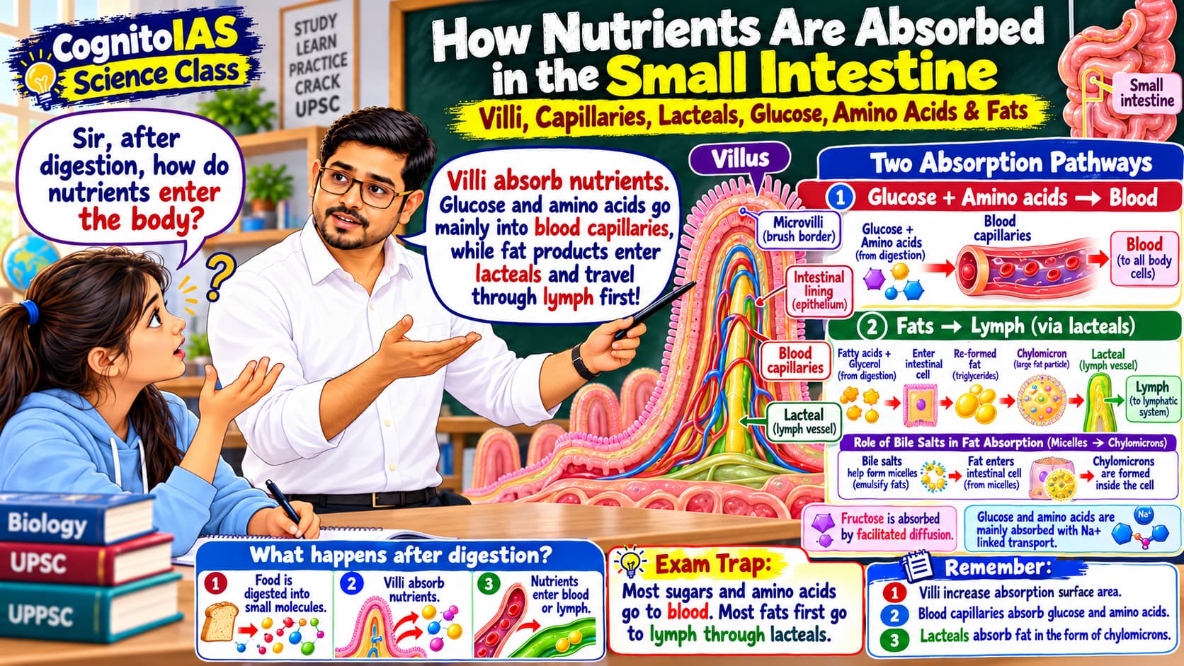 Villus showing nutrient absorption into blood capillaries and lacteals