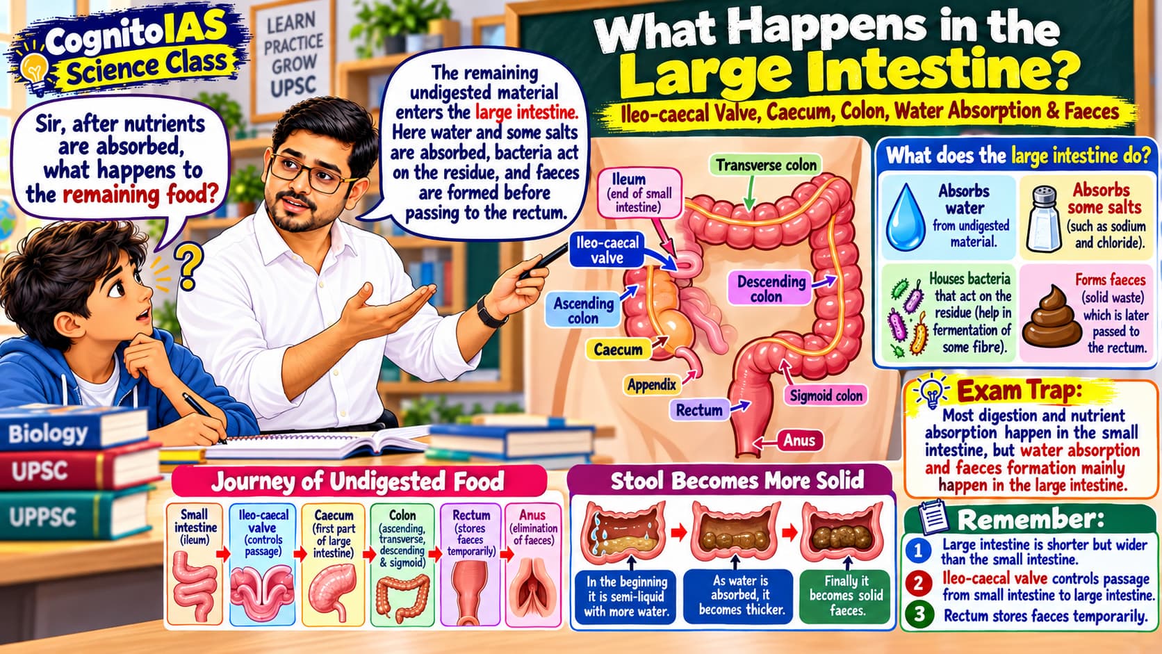 Large intestine colon rectum remaining-water absorption and faeces formation